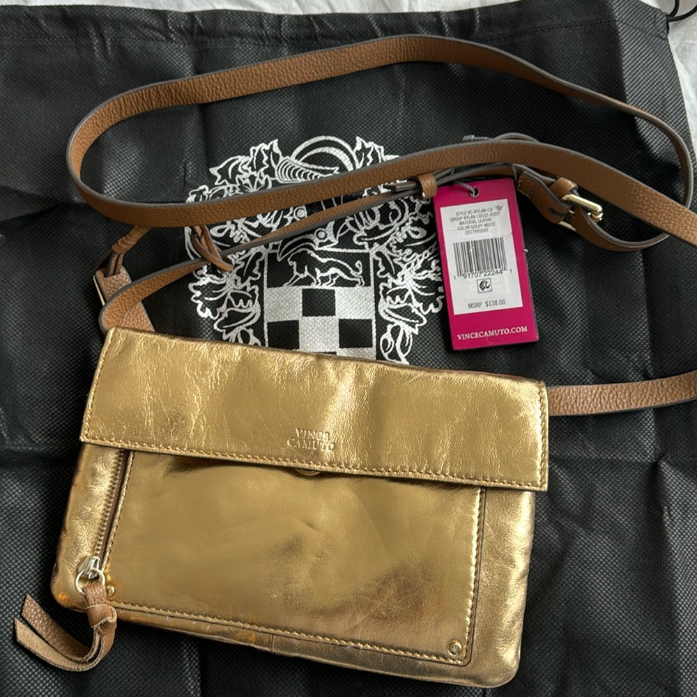 Vince Camuto Metallic Gold Crossbody Bag with Tan Strap
